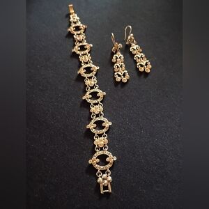 Vintage Monet Gold-tone & Amber Rhinestone Bracelet & Earrings Set.